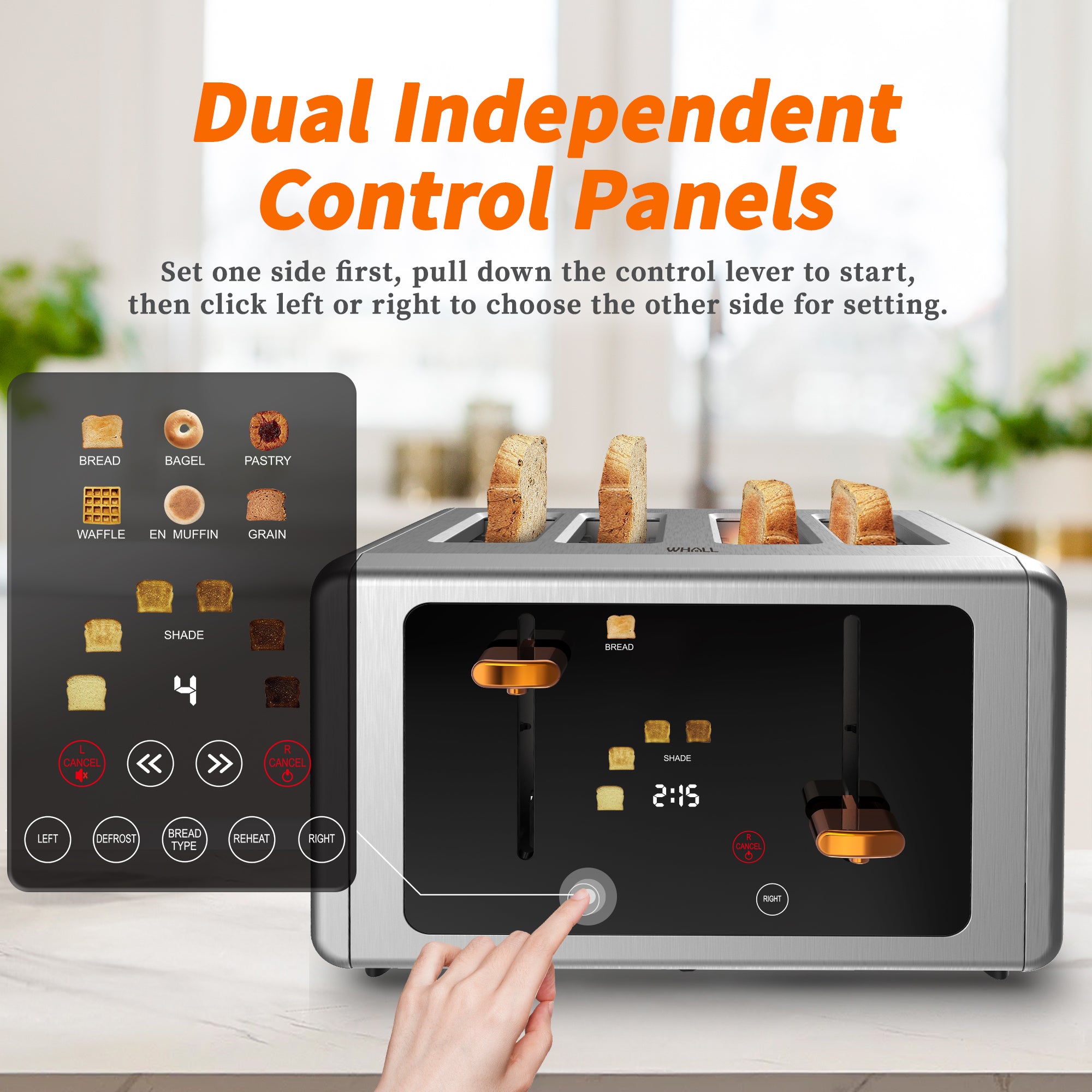 WHALL Touchscreen Toaster 4 Slice - Stainless Steel Toaster, 6 Shade Settings, Extra Wide Slots Toaster with Bagel, Cancel, Defrost Functions