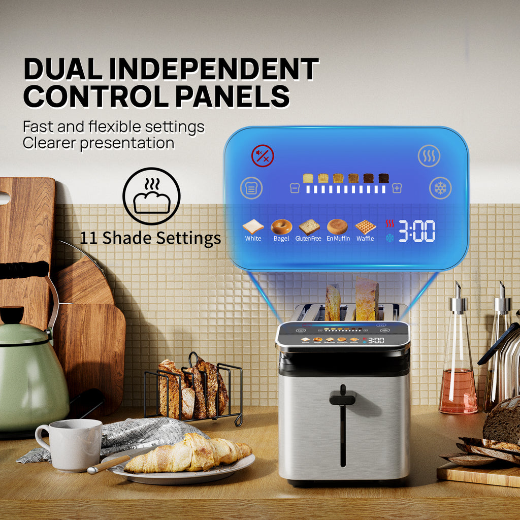 Whall Stainless Steel Smart Toaster, 2 & 4 Slice | Projection Touchscreen, 1.5" Extra-Wide Slots, Digital Timer, Reheat & Defrost, Warming Rack, Removable Crumb Tray