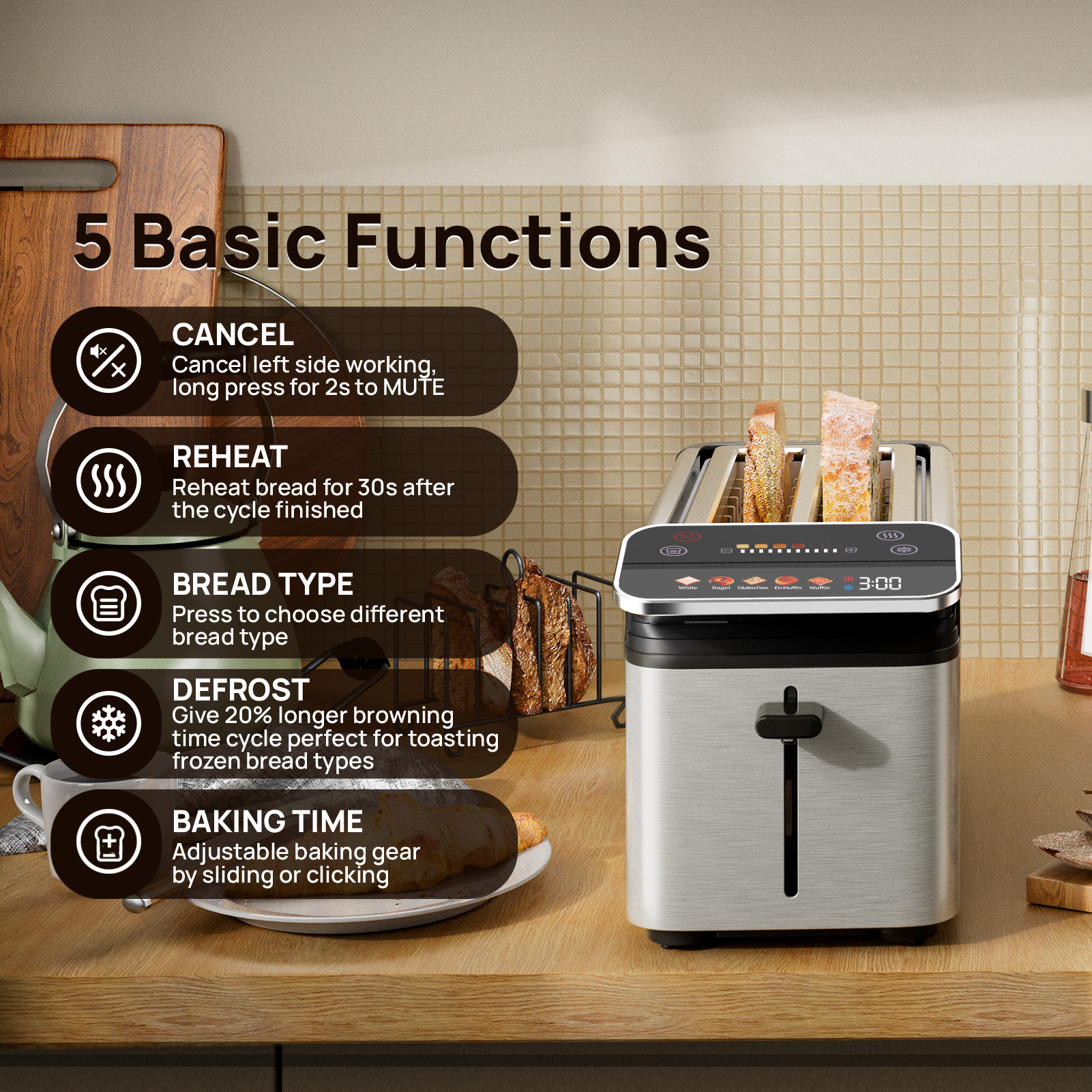 Whall Stainless Steel Smart Toaster, 2 & 4 Slice | Projection Touchscreen, 1.5" Extra-Wide Slots, Digital Timer, Reheat & Defrost, Warming Rack, Removable Crumb Tray