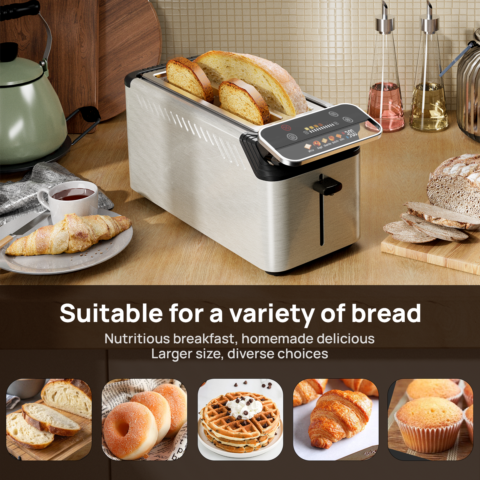 Whall® Stainless Steel Smart Toaster, 2 & 4 Slice | Projection Touchscreen, 1.5" Extra-Wide Slots, Digital Timer, Reheat & Defrost, Warming Rack, Removable Crumb Tray
