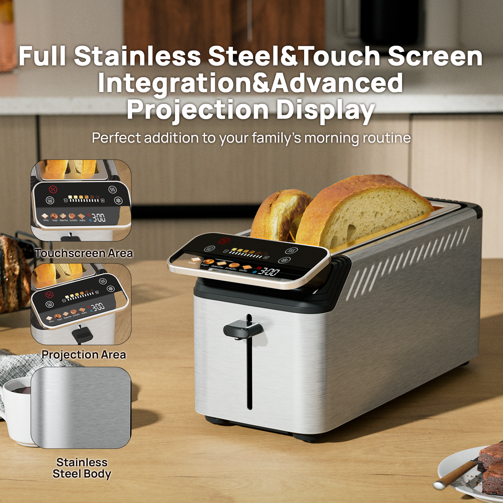 Whall Stainless Steel Smart Toaster, 2 & 4 Slice | Projection Touchscreen, 1.5" Extra-Wide Slots, Digital Timer, Reheat & Defrost, Warming Rack, Removable Crumb Tray