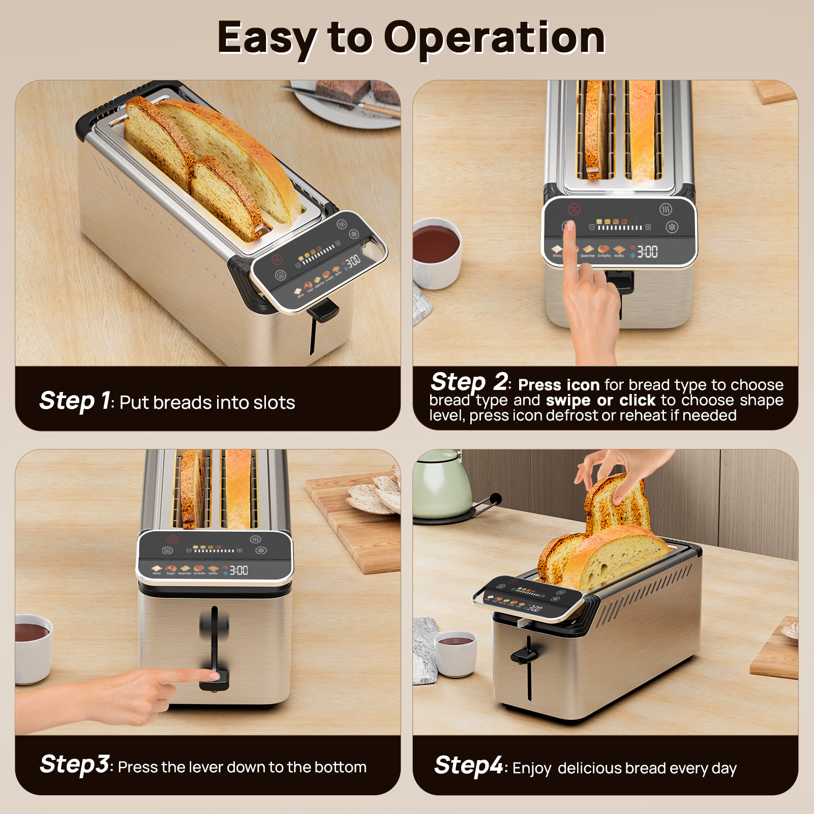 Whall® Stainless Steel Smart Toaster, 2 & 4 Slice | Projection Touchscreen, 1.5" Extra-Wide Slots, Digital Timer, Reheat & Defrost, Warming Rack, Removable Crumb Tray