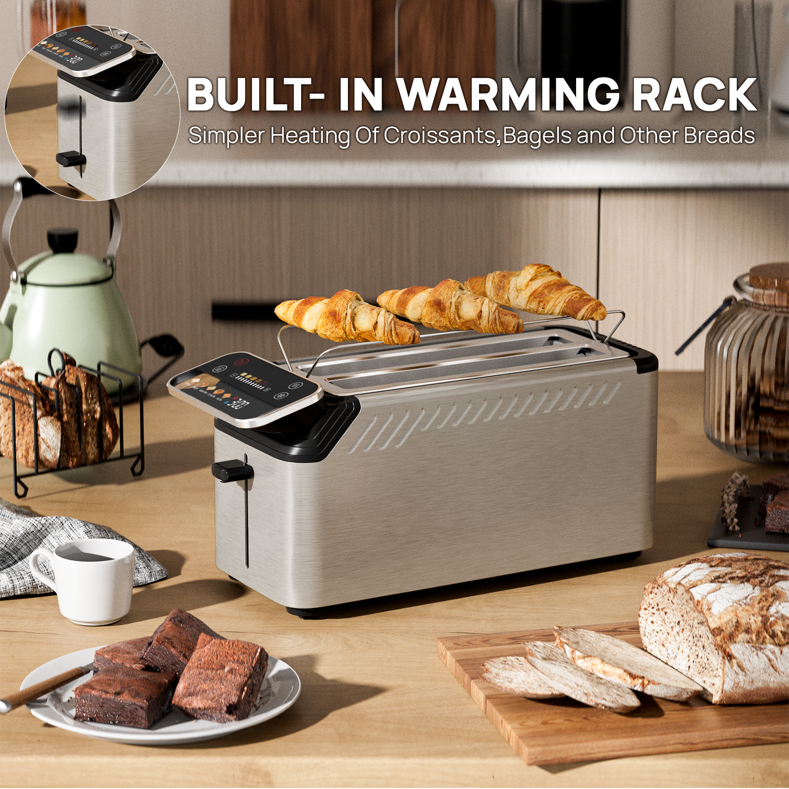 Whall® Stainless Steel Smart Toaster, 2 & 4 Slice | Projection Touchscreen, 1.5" Extra-Wide Slots, Digital Timer, Reheat & Defrost, Warming Rack, Removable Crumb Tray