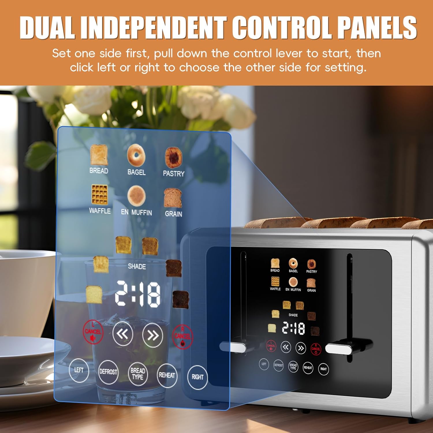 whall 4 Slice Touch Screen Toaster, Stainless Steel Toasters Digital Timer, Dual Control Panel Toasters，6 Shade Settings＆6 Bread Types, Smart Wide Slots, Bagel, Cancel, Defrost,Silver