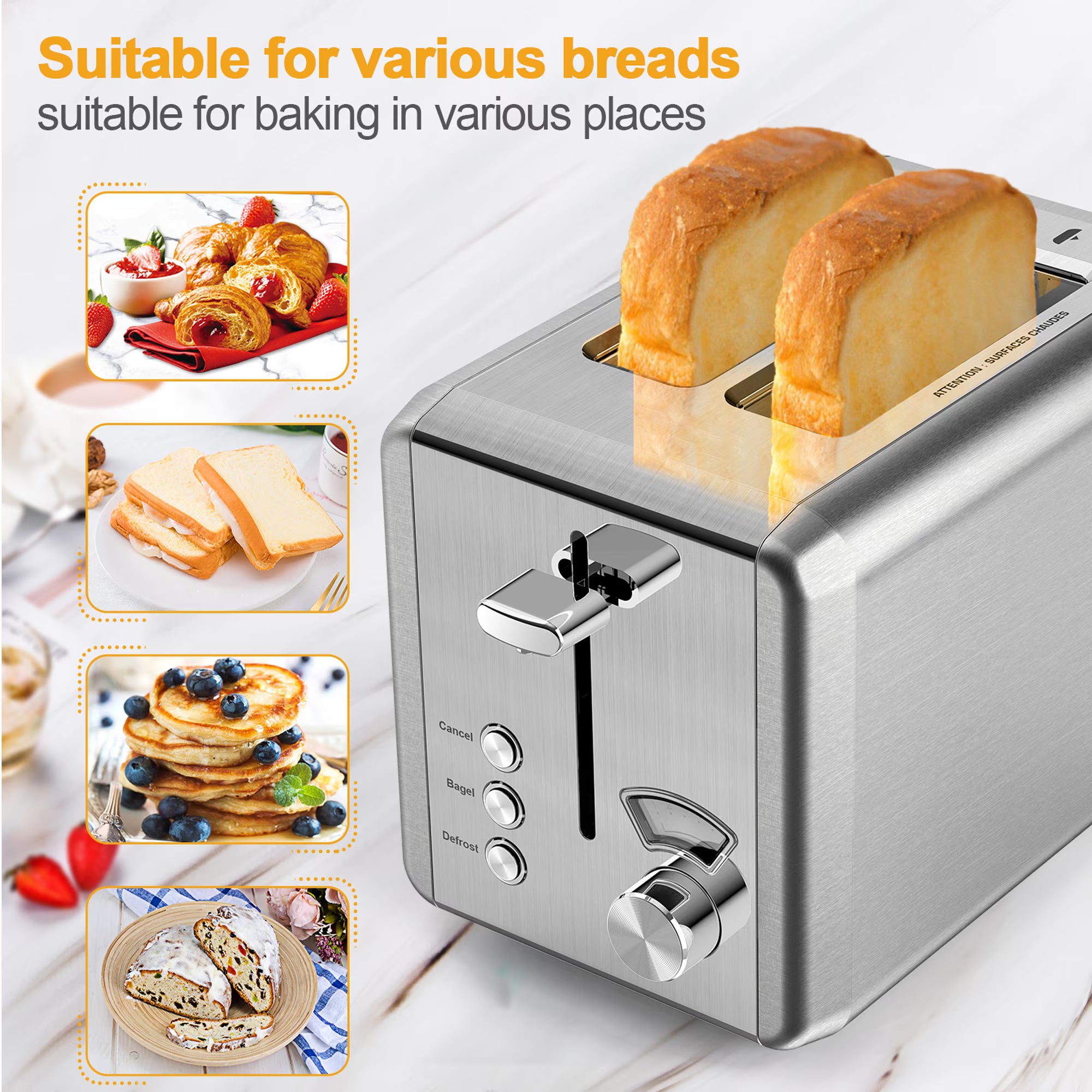 Whall Knob Toaster 2 Slice | Stainless Steel, Digital Timer, Sound | 6 Bread Types & Shades