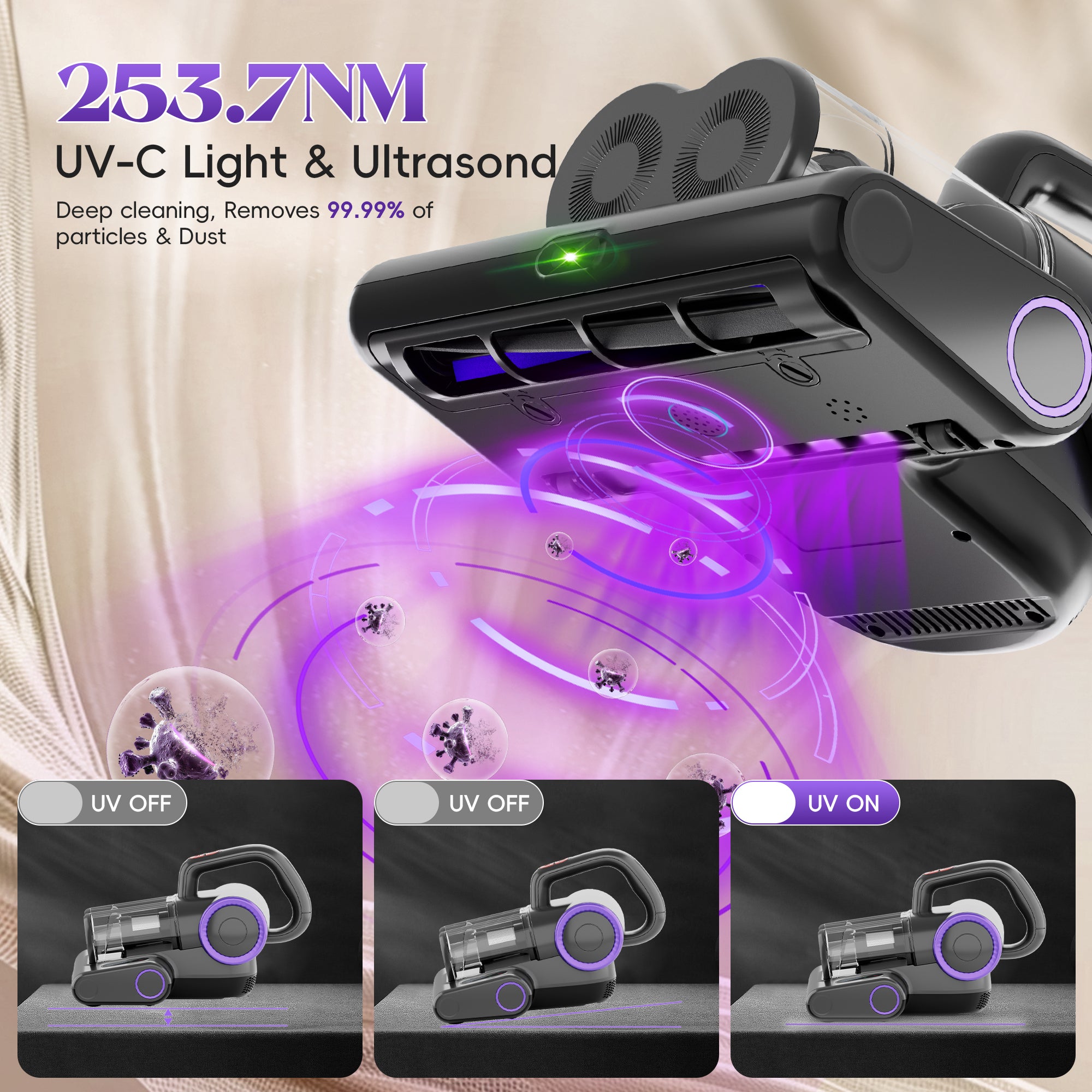 WHALL 4-in-1 UV Mattress Vacuum Cleaner, 21KPa Anti-Mite Bed Vacuum with Hot Air & LED Display