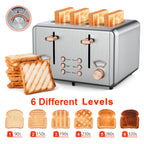 WHALL® 4 Slice Toaster - Stainless Steel Bagel Toaster with Dual Control Panels, Wide Slot, 6 Shade Settings, Removable Crumb Tray