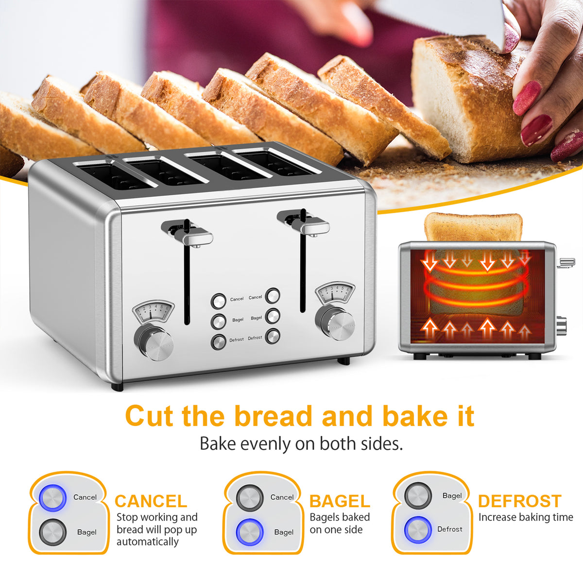WHALL 4-Slice Dual-Control Toaster