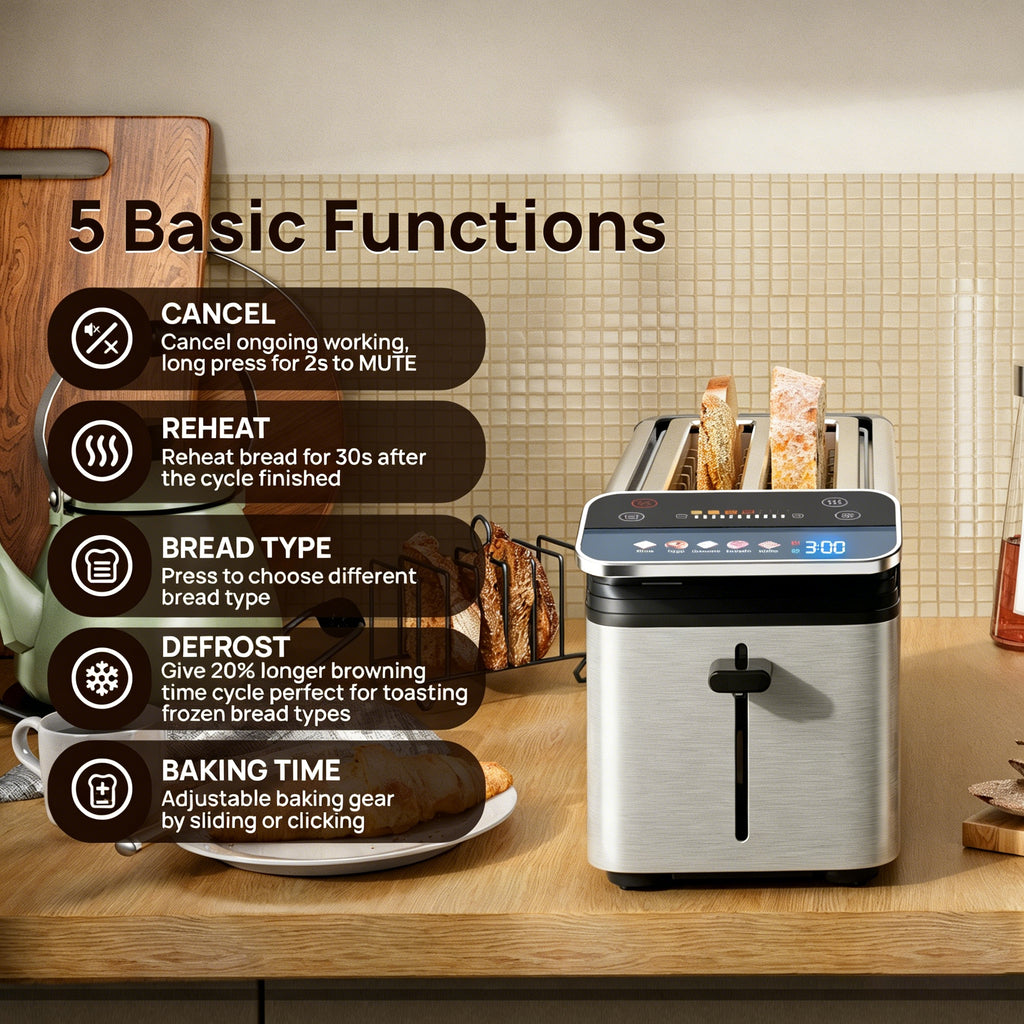 Whall Stainless Steel Smart Toaster, 4 Slice | Projection Touchscreen, 1.5" Extra-Wide Slots, Digital Timer, Removable Crumb Tray