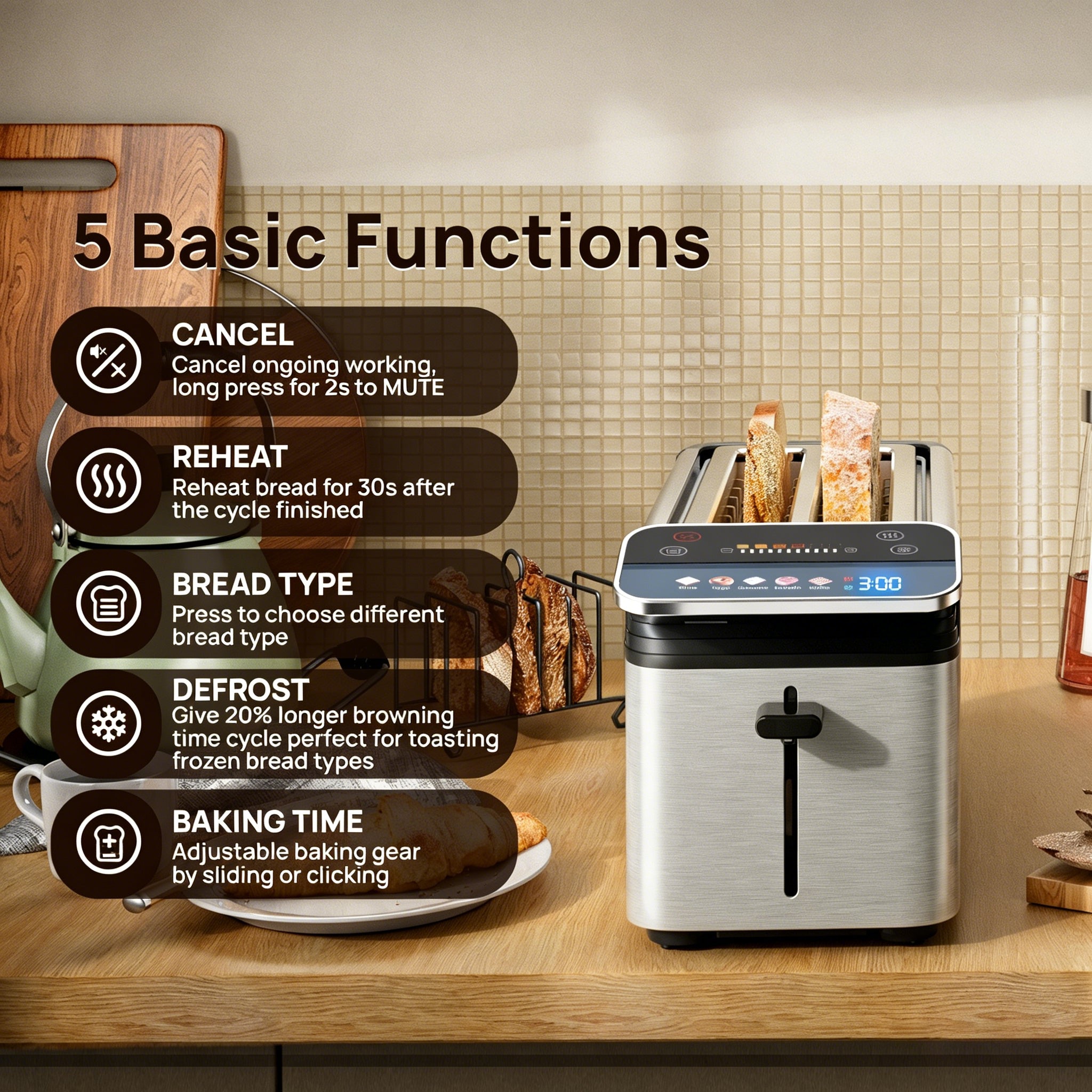 Whall Stainless Steel Smart Toaster, 4 Slice | Projection Touchscreen, 1.5" Extra-Wide Slots, Digital Timer, Removable Crumb Tray