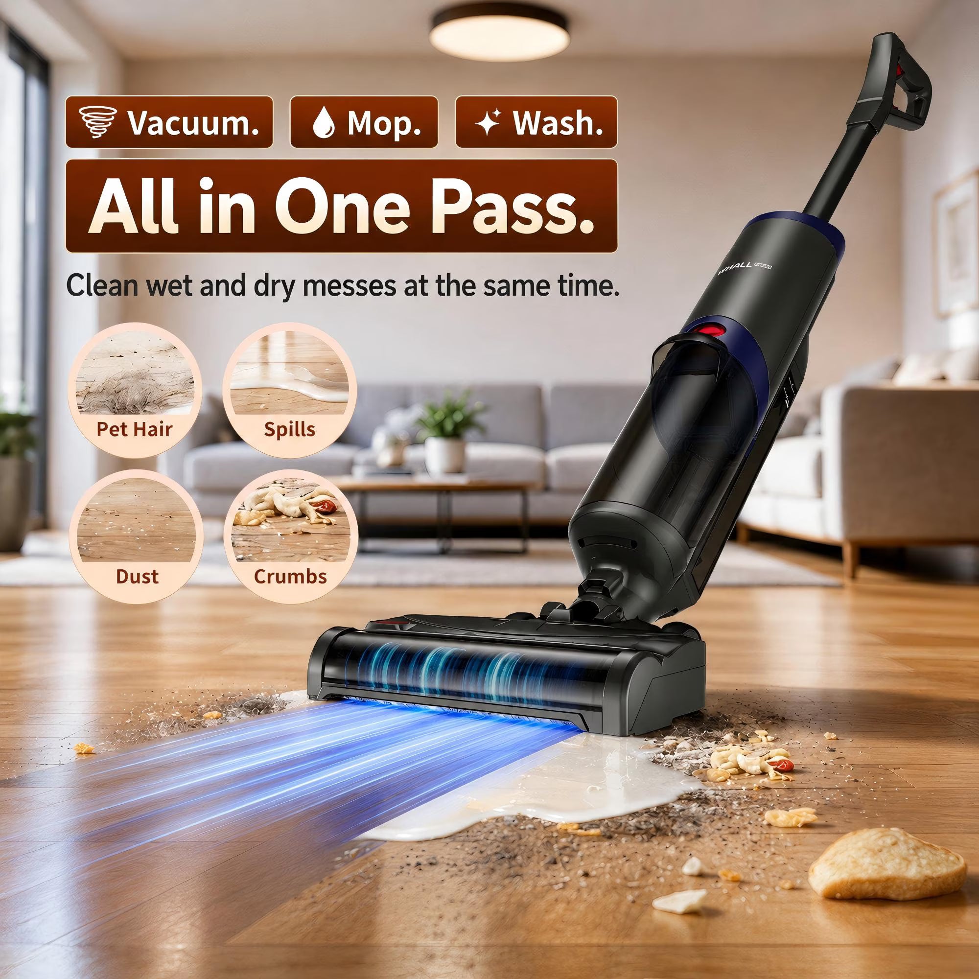 WHALL Cordless Wet Dry Vacuum Cleaner, 15kPa Suction Vacuum Mop Floor Washer with Self-Cleaning Brush Roll, Smart Voice Guidance, 0.6L Tank