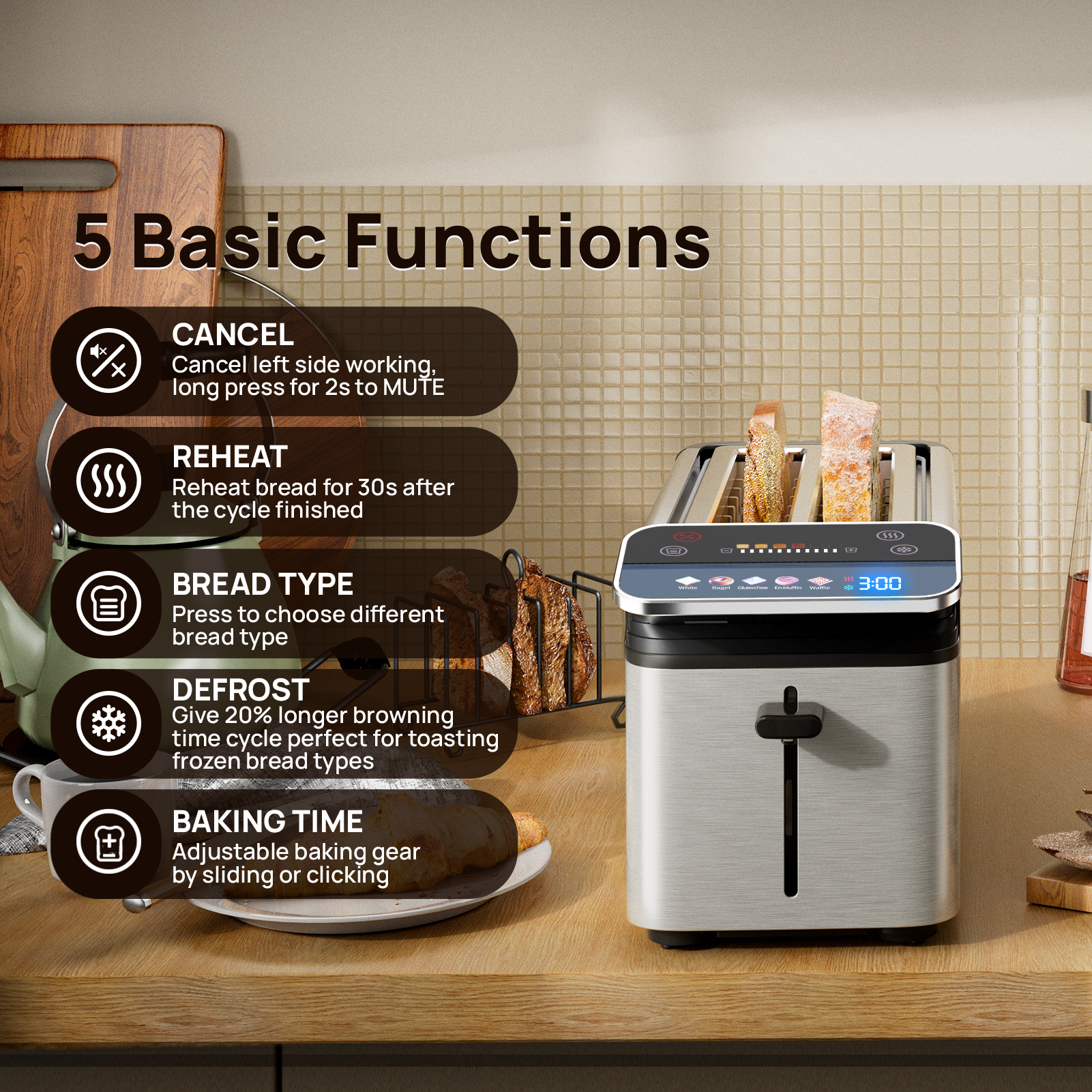 Whall Stainless Steel Smart Toaster, 2 Slice | Projection Touchscreen, 1.5" Extra-Wide Slots, Digital Timer, Reheat & Defrost, Warming Rack, Removable Crumb Tray