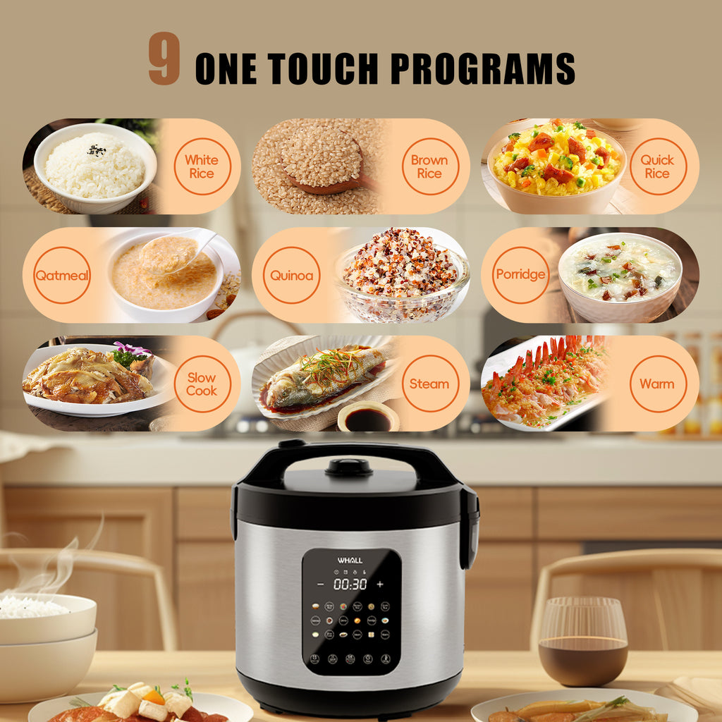 WHALL Digital Rice Cooker – 10-Cup Uncooked / 20-Cup Cooked Capacity,Slow Cooker, Oatmeal Setting, Auto Keep Warm Feature, Stainless Steel