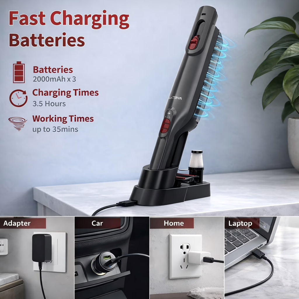 WHALL Handheld Vacuum Cleaner, 15kPa Powerful Suction Cordless Hand Vacuum with Bldc Motor, LED Light and Charging Dock for Home and Office