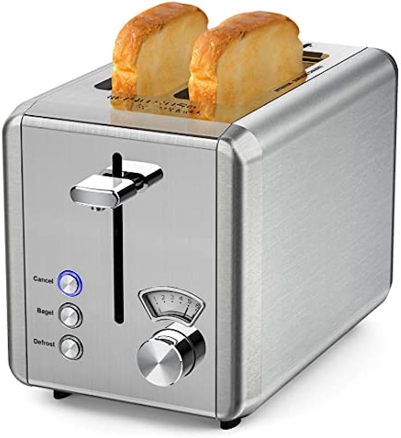 WHALL ®KST022GU Toaster 2 slice Stainless Steel Toasters with Bagel, Cancel, Defrost Function, 1.5in Wide Slot, 6 Shade Settings, Removable Crumb Tray