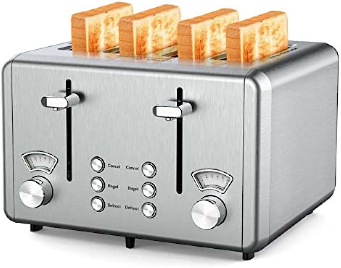 WHALL Toaster 4 Slice Stainless Steel,Toaster-6 Bread Shade Settings,Bagel/Defrost/Cancel Function with Dual Control Panels,Extra Wide Slots,Removable Crumb Tray,for Various Bread Types 1500W