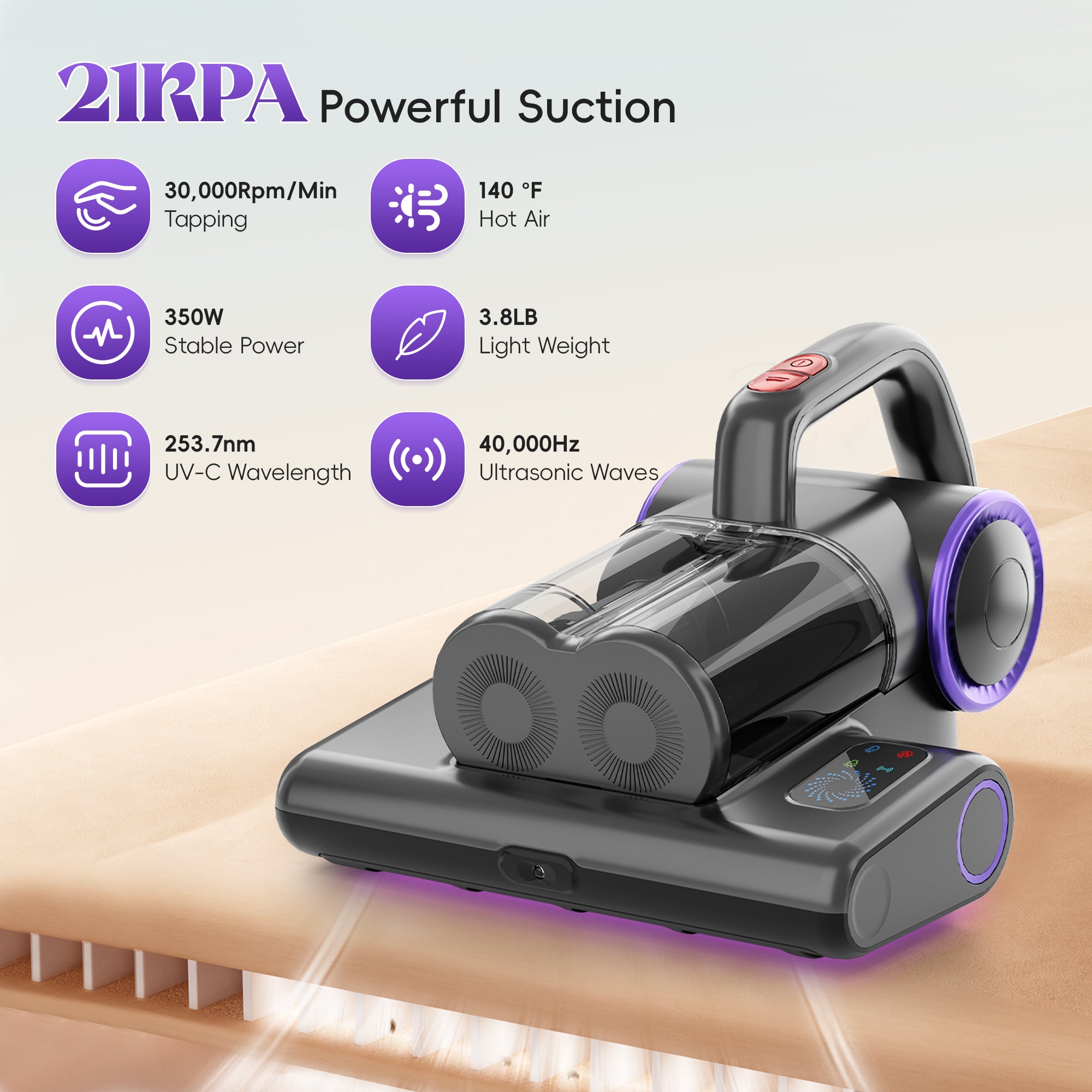 WHALL 4-in-1 UV Mattress Vacuum Cleaner, 21KPa Anti-Mite Bed Vacuum with Hot Air & LED Display