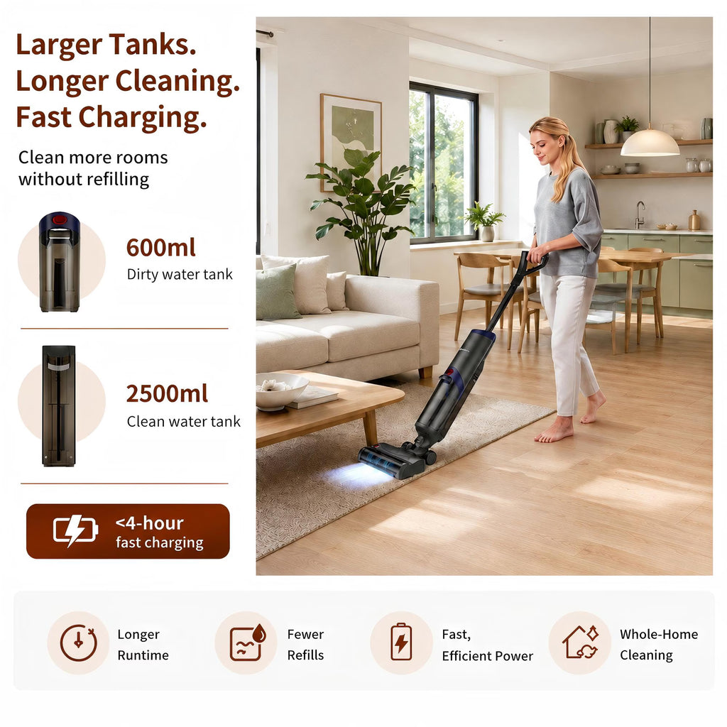 WHALL Cordless Wet Dry Vacuum Cleaner, 15kPa Suction Vacuum Mop Floor Washer with Self-Cleaning Brush Roll, Smart Voice Guidance, 0.6L Tank