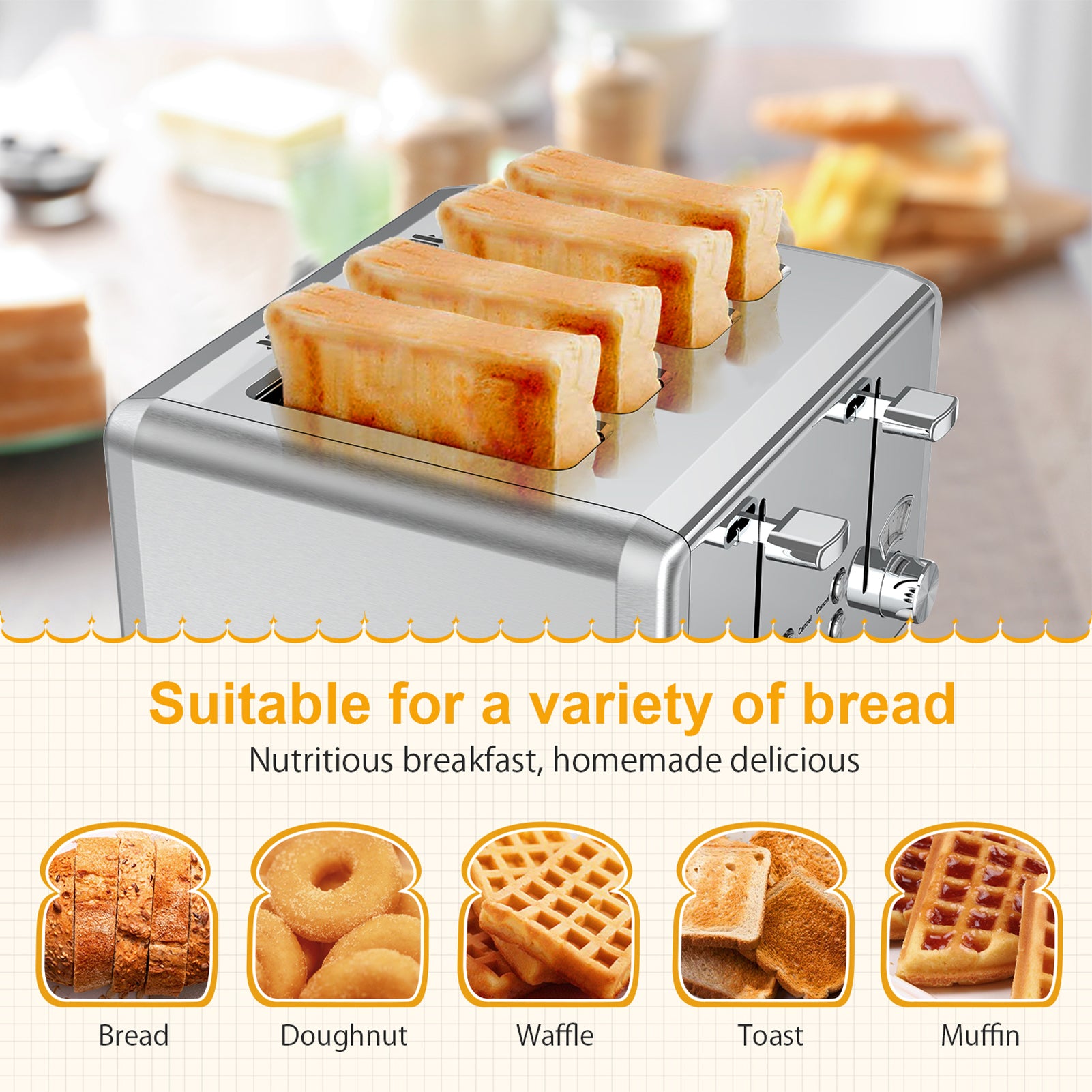 WHALL 4-Slice Dual-Control Toaster