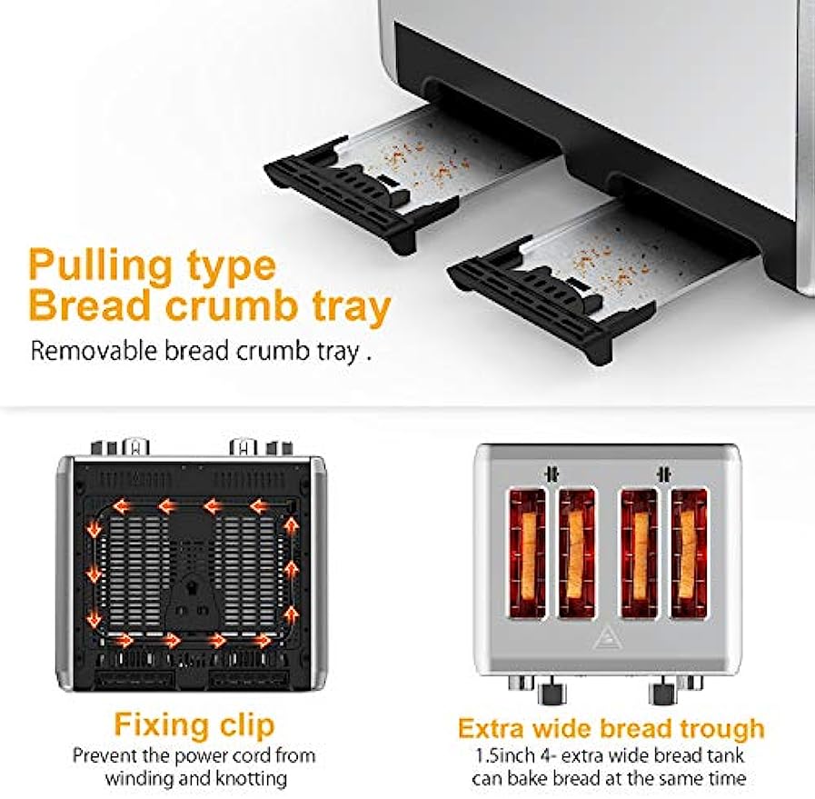 WHALL Toaster 4 Slice Stainless Steel,Toaster-6 Bread Shade Settings,Bagel/Defrost/Cancel Function with Dual Control Panels,Extra Wide Slots,Removable Crumb Tray,for Various Bread Types 1500W