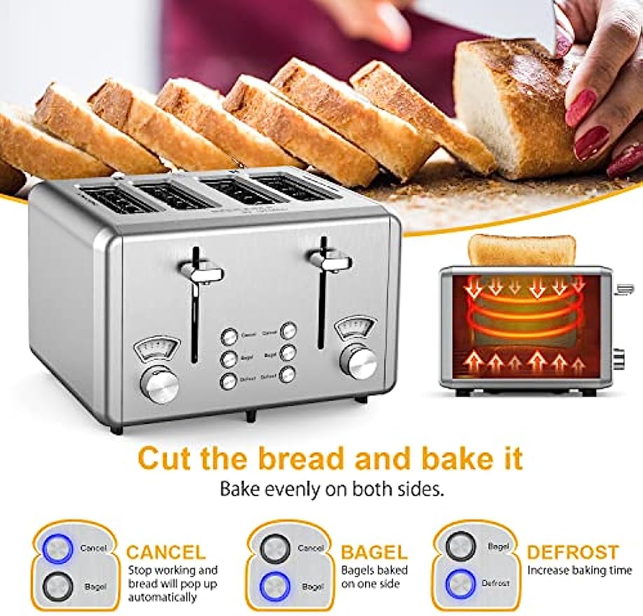WHALL Toaster 4 Slice Stainless Steel,Toaster-6 Bread Shade