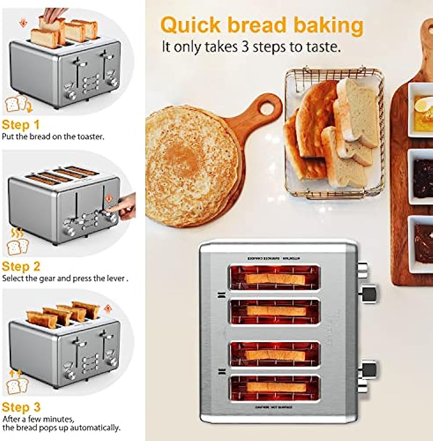 WHALL Toaster 4 Slice Stainless Steel,Toaster-6 Bread Shade Settings,Bagel/Defrost/Cancel Function with Dual Control Panels,Extra Wide Slots,Removable Crumb Tray,for Various Bread Types 1500W