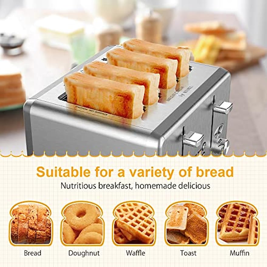 WHALL Toaster 4 Slice Stainless Steel,Toaster-6 Bread Shade Settings,Bagel/Defrost/Cancel Function with Dual Control Panels,Extra Wide Slots,Removable Crumb Tray,for Various Bread Types 1500W