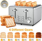 WHALL Toaster 4 Slice Stainless Steel,Toaster-6 Bread Shade Settings,Bagel/Defrost/Cancel Function with Dual Control Panels,Extra Wide Slots,Removable Crumb Tray,for Various Bread Types 1500W