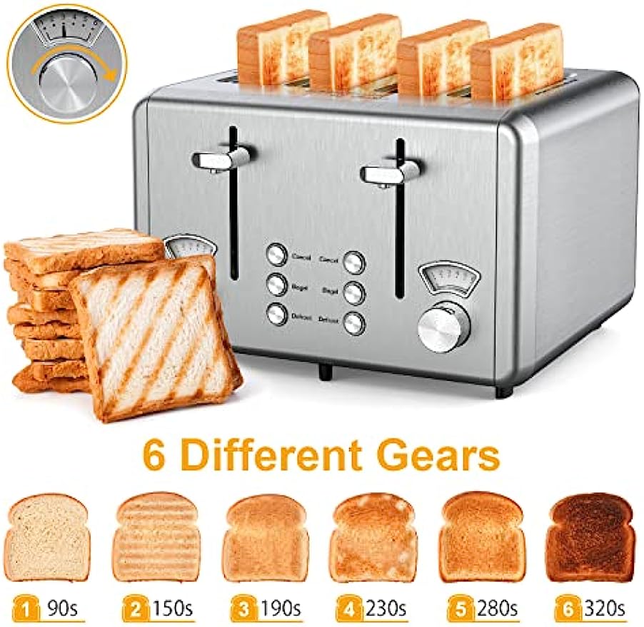 WHALL Toaster 4 Slice Stainless Steel,Toaster6 Bread Shade Settings,B