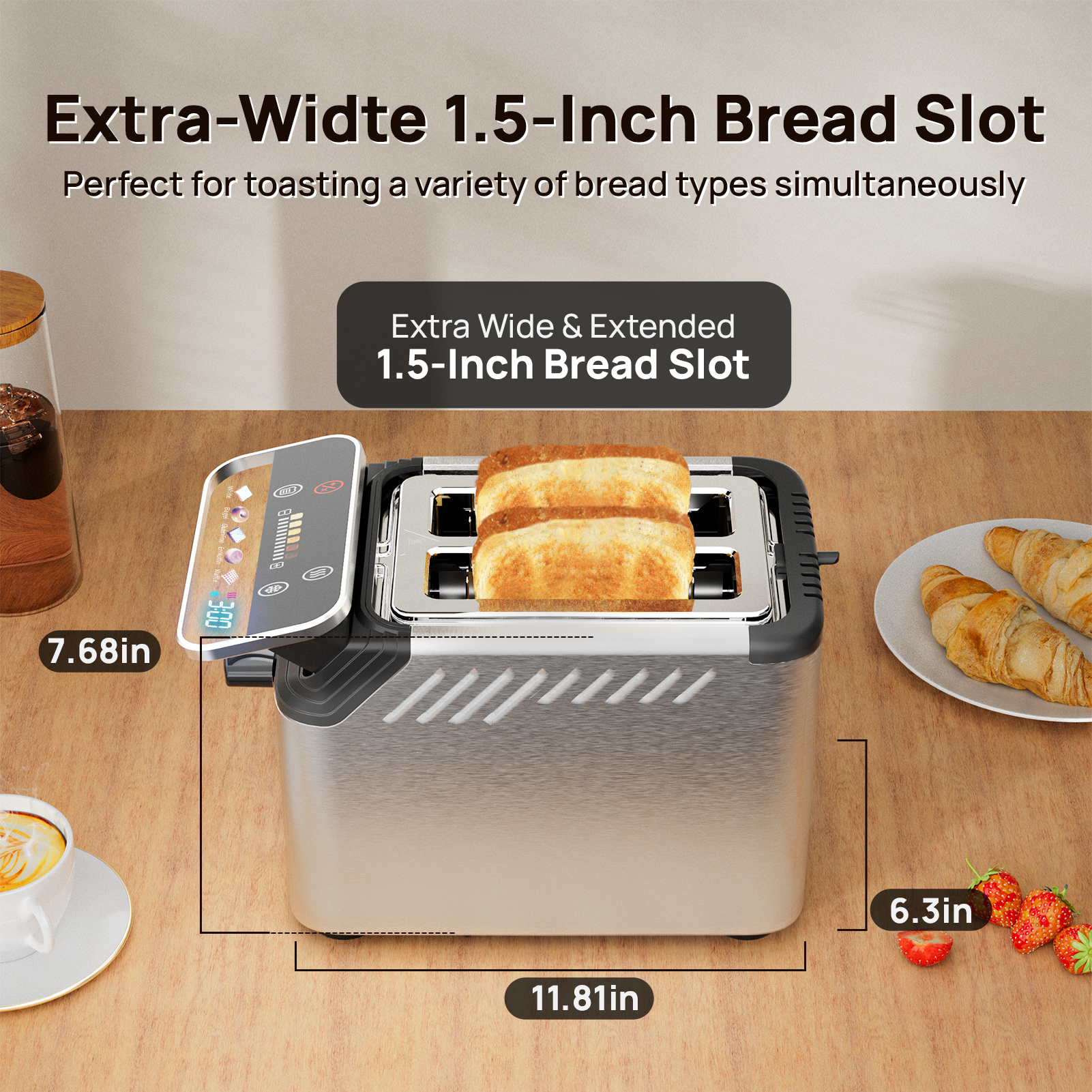 Whall® Stainless Steel Smart Toaster, 2 Slice | Projection Touchscreen, 1.5" Extra-Wide Slots, Digital Timer, Reheat & Defrost, Warming Rack, Removable Crumb Tray
