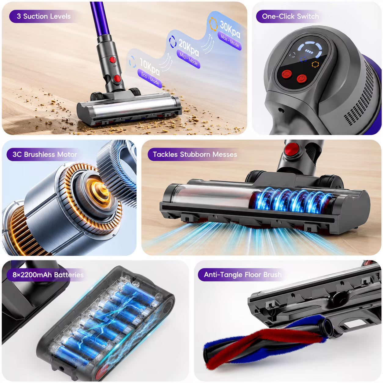 WHALL Cordless Stick Vacuum Cleaner with Brushless Motor