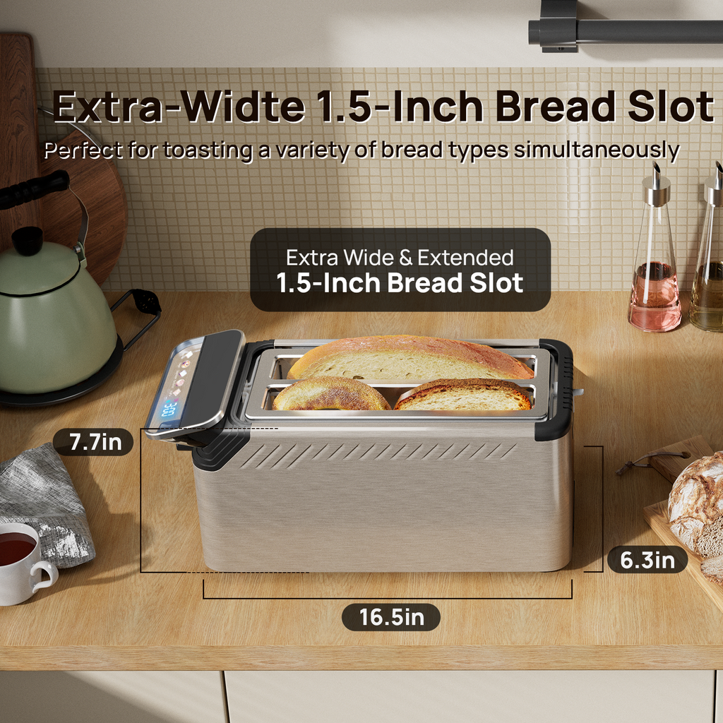 Whall Stainless Steel Smart Toaster, 4 Slice | Projection Touchscreen, 1.5" Extra-Wide Slots, Digital Timer, Removable Crumb Tray