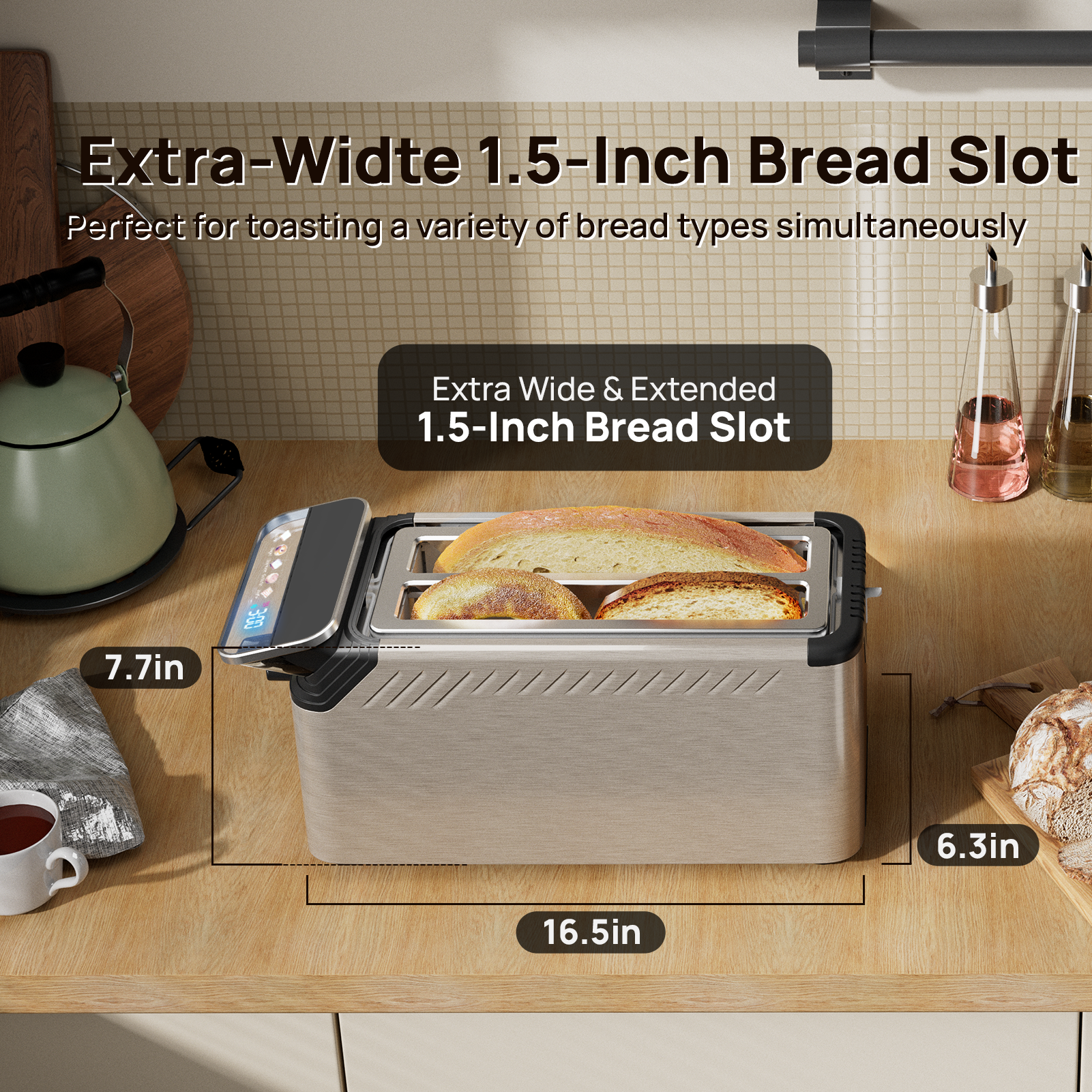 Whall Stainless Steel Smart Toaster, 4 Slice | Projection Touchscreen, 1.5" Extra-Wide Slots, Digital Timer, Removable Crumb Tray