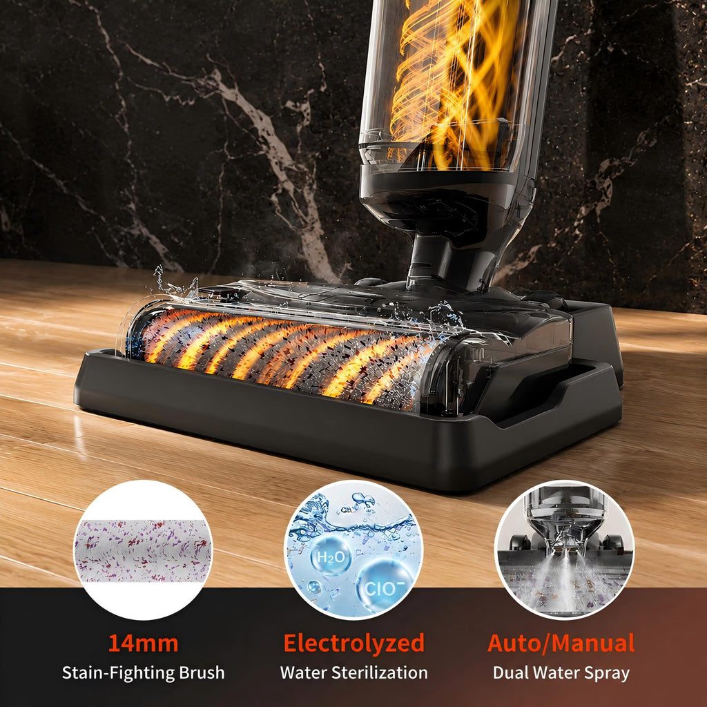 WHALL Cordless Wet Dry Vacuum Cleaner, 15kPa Suction Vacuum Mop Floor Washer with Self-Cleaning Brush Roll, Smart Voice Guidance, 0.6L Tank