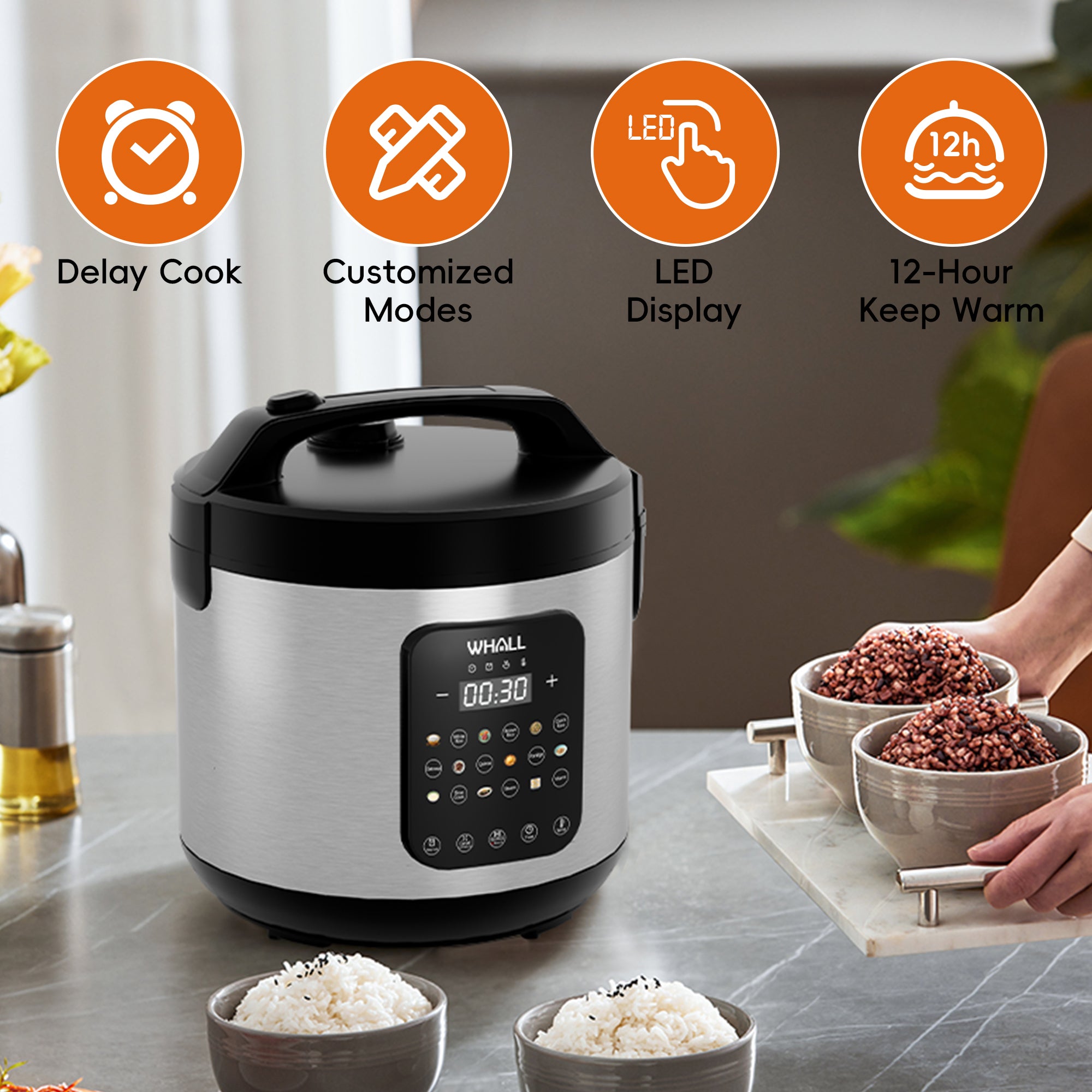 WHALL Digital Rice Cooker – 10-Cup Uncooked / 20-Cup Cooked Capacity,Slow Cooker, Oatmeal Setting, Auto Keep Warm Feature, Stainless Steel