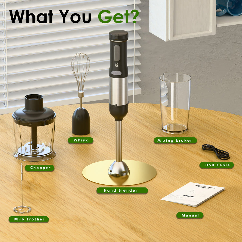 Whall Cordless Immersion Hand Blender, 5-in-1 Cordless Hand Blender Set – Rechargeable, One-Touch Control and Stainless Steel Blades for Smoothies, Shakes or Soups, Black