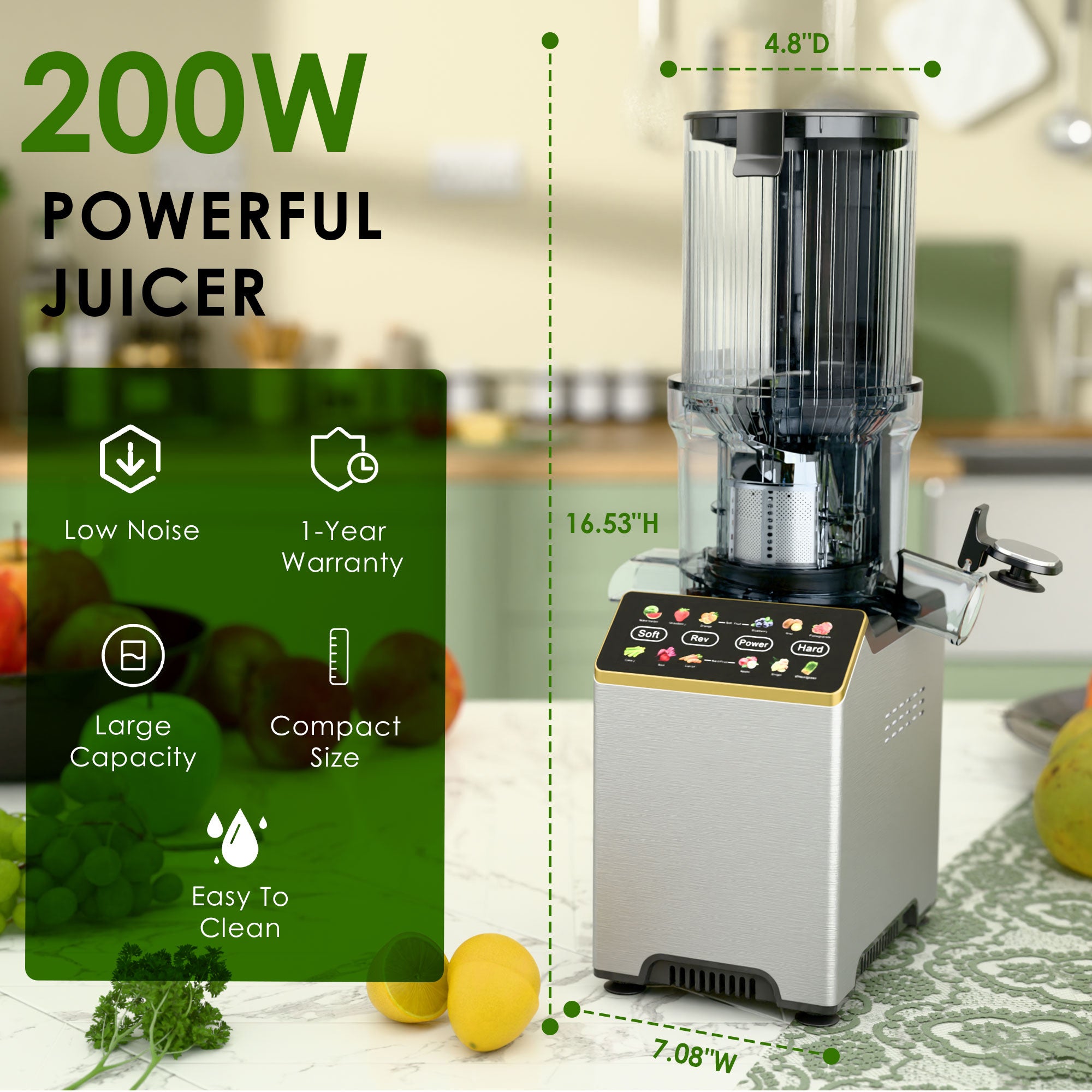 Whall Cold Press Juicer Machine with Touchscreen, Slow Masticating Machines with 4.5" Extra Large Feed Chute, Reverse Function, Soft & Hard Models