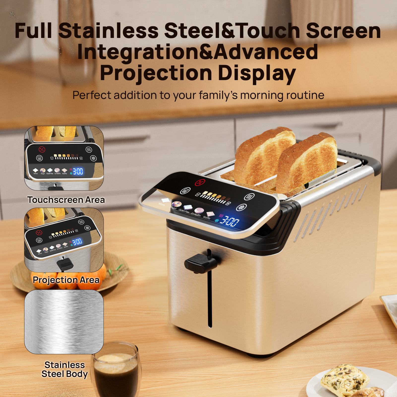 Whall® Stainless Steel Smart Toaster, 2 Slice | Projection Touchscreen, 1.5" Extra-Wide Slots, Digital Timer, Reheat & Defrost, Warming Rack, Removable Crumb Tray