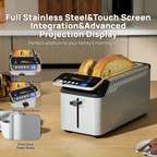 Whall Stainless Steel Smart Toaster, 4 Slice | Projection Touchscreen, 1.5" Extra-Wide Slots, Digital Timer, Removable Crumb Tray