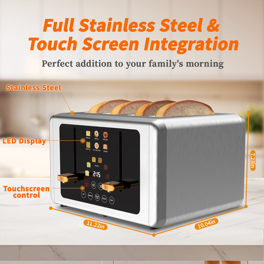 WHALL Touchscreen Toaster 4 Slice - Stainless Steel Toaster, 6 Shade Settings, Extra Wide Slots Toaster with Bagel, Cancel, Defrost Functions