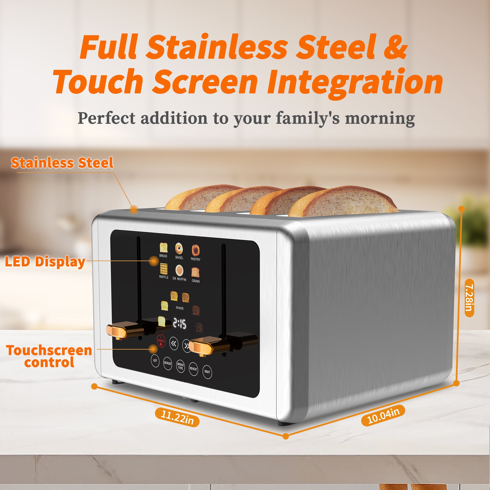 WHALL Touchscreen Toaster 4 Slice - Stainless Steel Toaster, 6 Shade Settings, Extra Wide Slots Toaster with Bagel, Cancel, Defrost Functions