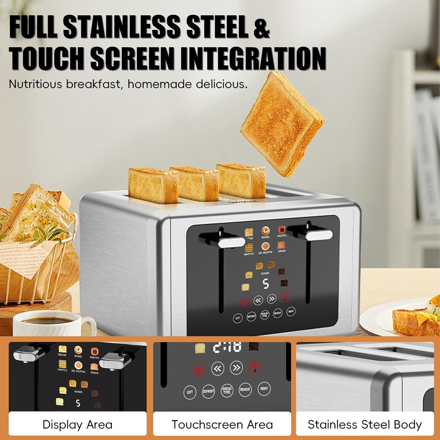 whall 4 Slice Touch Screen Toaster, Stainless Steel Toasters Digital Timer, Dual Control Panel Toasters，6 Shade Settings＆6 Bread Types, Smart Wide Slots, Bagel, Cancel, Defrost,Silver
