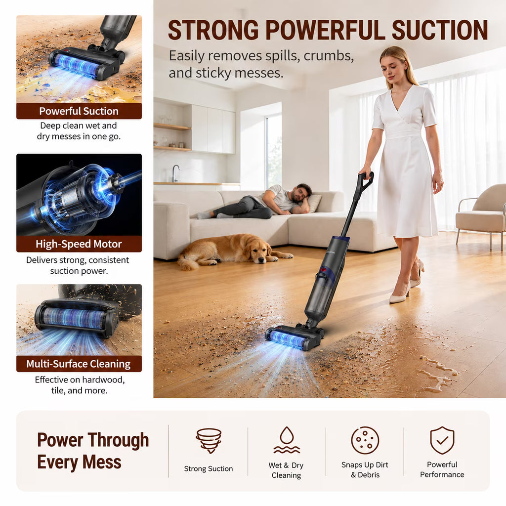 WHALL Cordless Wet Dry Vacuum Cleaner, 15kPa Suction Vacuum Mop Floor Washer with Self-Cleaning Brush Roll, Smart Voice Guidance, 0.6L Tank