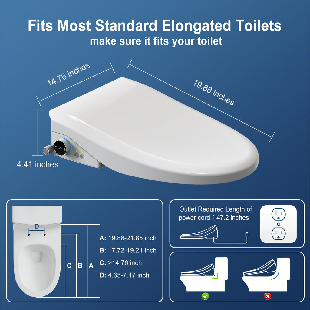 WHALL - Smart Bidet Toilet Seat, Retractable Dual Nozzles & Adjustable Pressure, Heated Seat & Warm Water