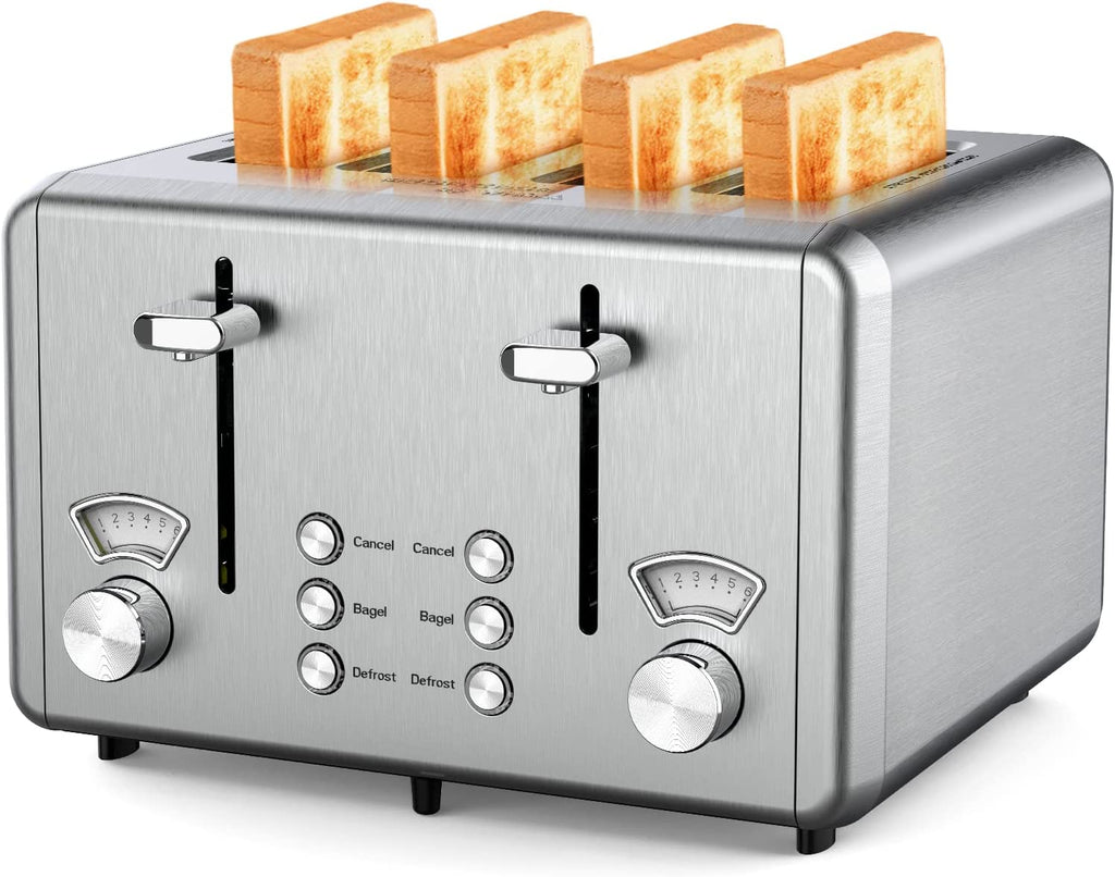 WHALL Toaster 4 Slice Stainless Steel,Toaster-6 Bread Shade Settings,Bagel/Defrost/Cancel Function with Dual Control Panels,Extra Wide Slots,Removable Crumb Tray,for Various Bread Types 1500W