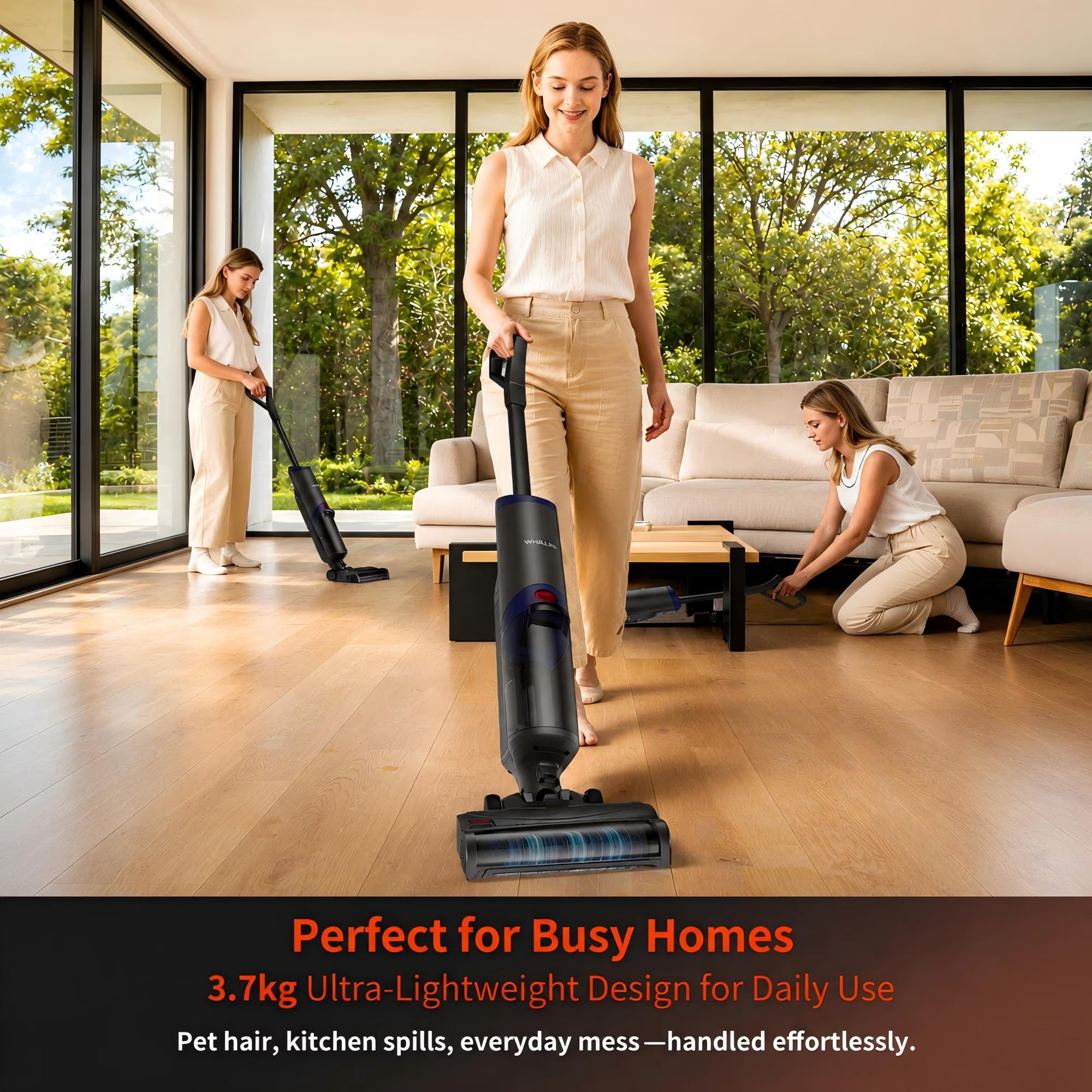 WHALL Cordless Wet Dry Vacuum Cleaner, 15kPa Suction Vacuum Mop Floor Washer with Self-Cleaning Brush Roll, Smart Voice Guidance, 0.6L Tank