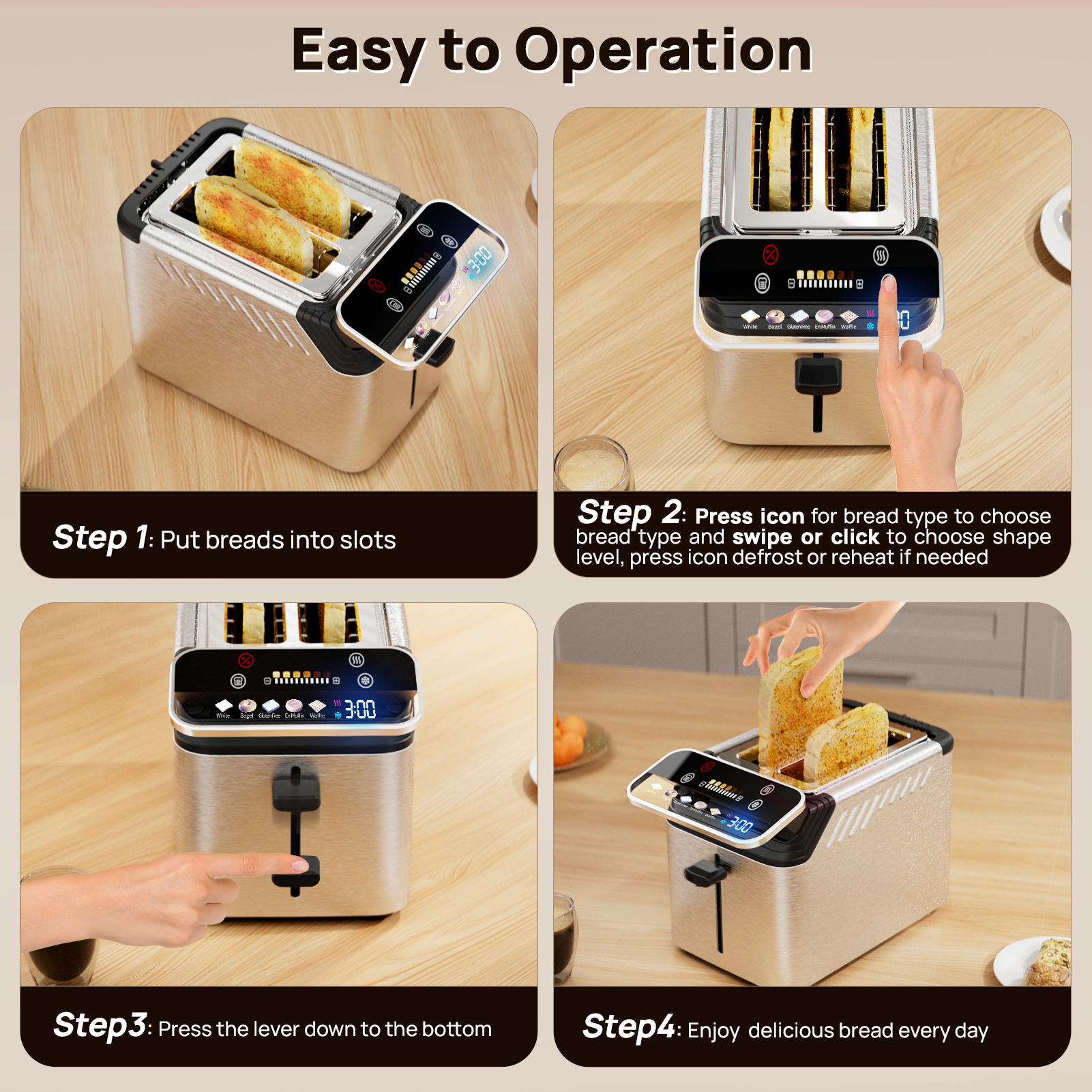 Whall® Stainless Steel Smart Toaster, 2 Slice | Projection Touchscreen, 1.5" Extra-Wide Slots, Digital Timer, Reheat & Defrost, Warming Rack, Removable Crumb Tray