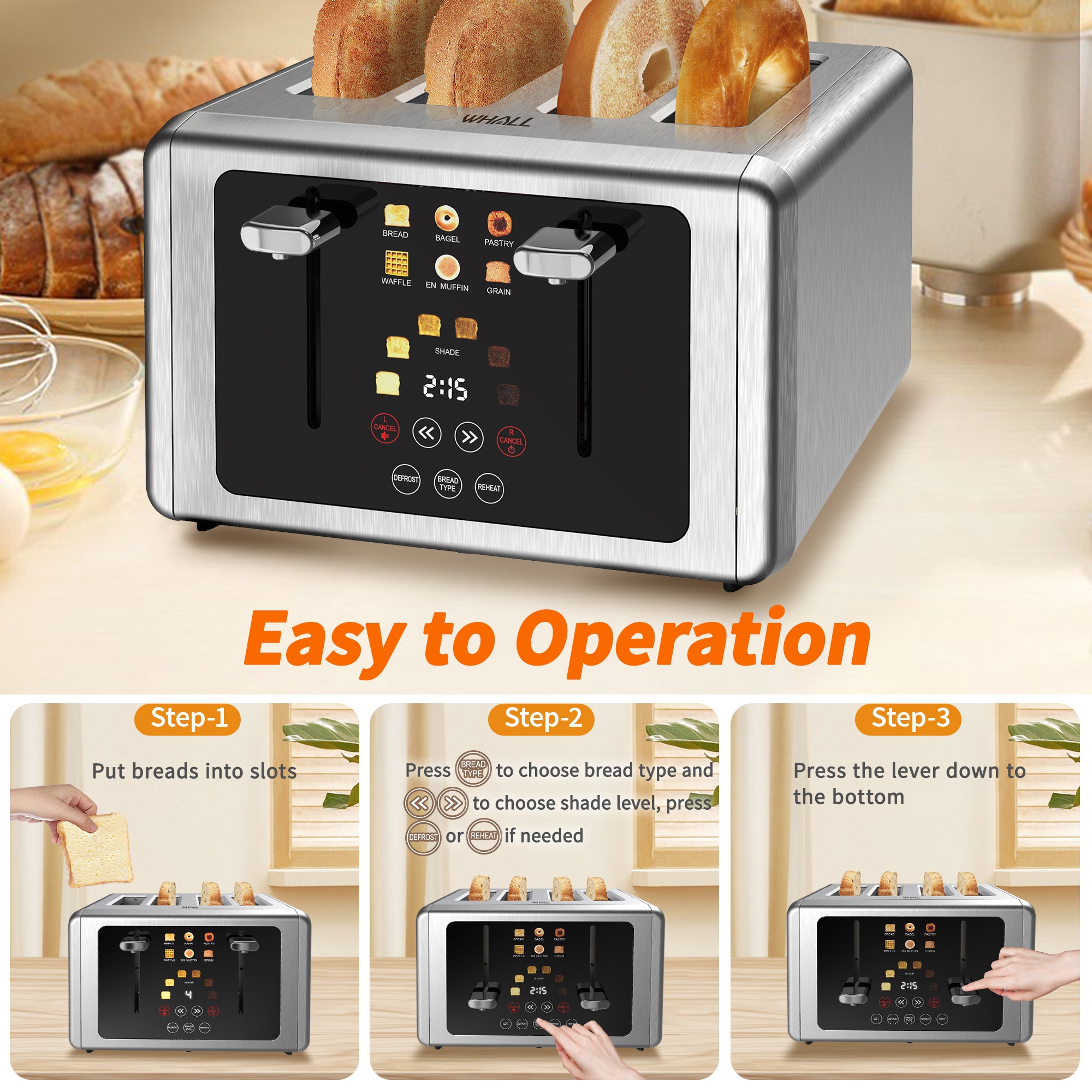 WHALL Touch Screen Toaster 4 Slice | Stainless Steel, Digital Timer, Sound | 6 Bread Types & Shades