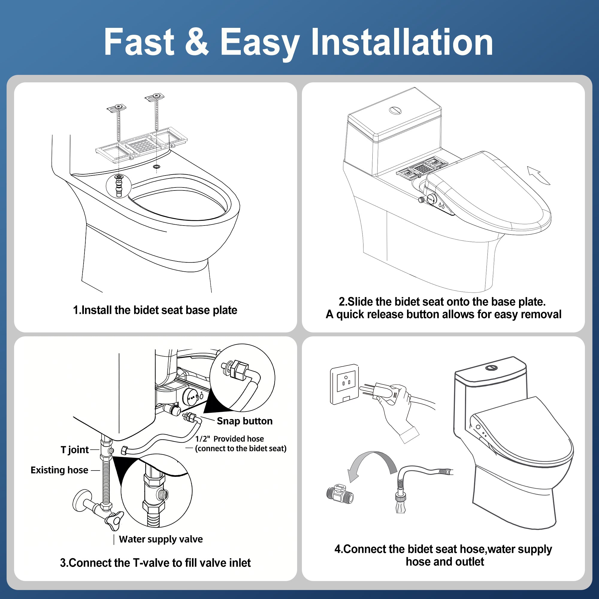 WHALL - Smart Bidet Toilet Seat, Retractable Dual Nozzles & Adjustable Pressure, Heated Seat & Warm Water