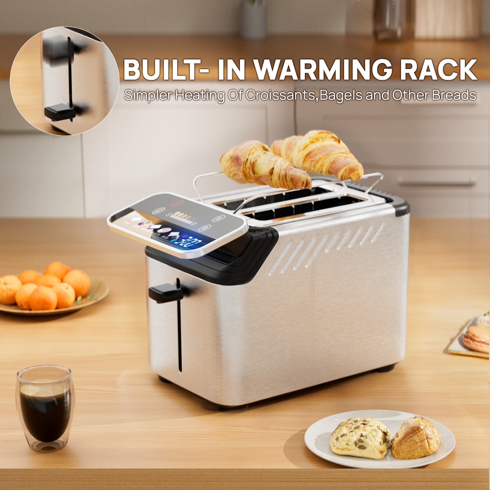 Whall® Stainless Steel Smart Toaster, 2 Slice | Projection Touchscreen, 1.5" Extra-Wide Slots, Digital Timer, Reheat & Defrost, Warming Rack, Removable Crumb Tray